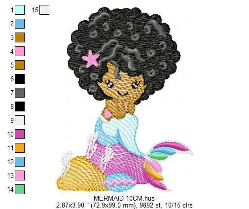 Mermaid with Curly hair embroidery designs - African American machine embroidery pattern - Black girl with curly hair - Instant download pes Marcia Embroidery