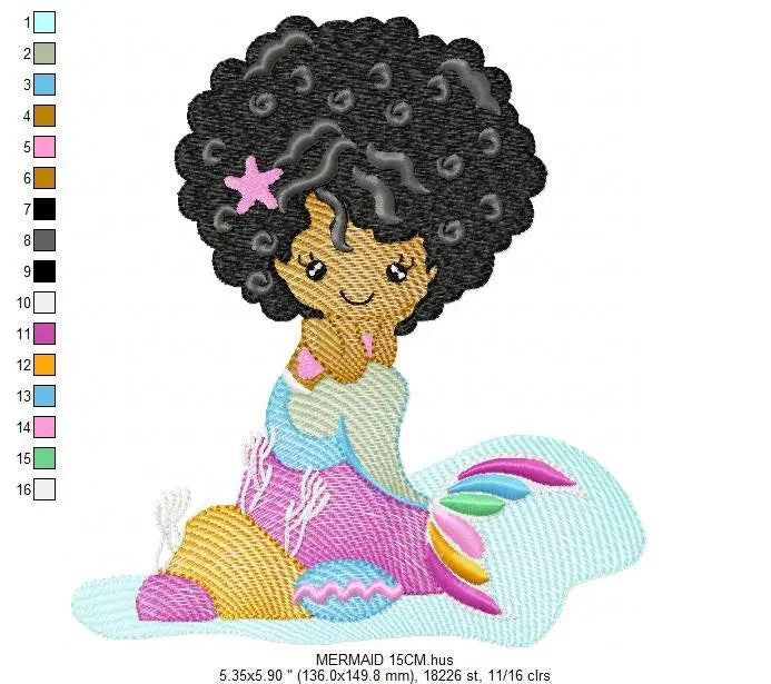 Mermaid with Curly hair embroidery designs - African American machine embroidery pattern - Black girl with curly hair - Instant download pes Marcia Embroidery