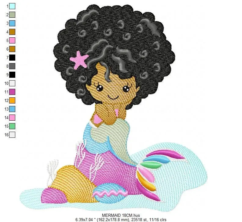 Mermaid with Curly hair embroidery designs - African American machine embroidery pattern - Black girl with curly hair - Instant download pes Marcia Embroidery