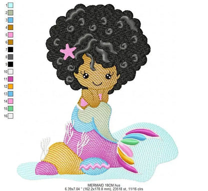 Mermaid with Curly hair embroidery designs - African American machine embroidery pattern - Black girl with curly hair - Instant download pes Marcia Embroidery