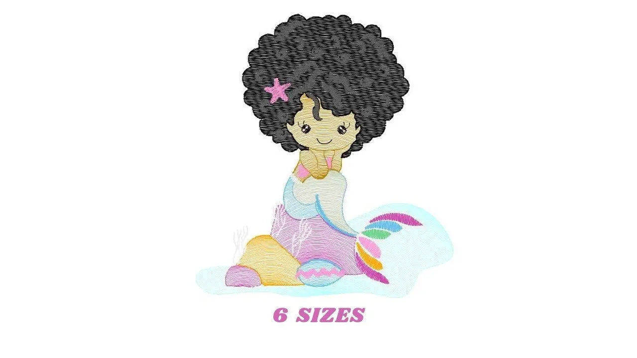 Mermaid with Curly hair embroidery designs - African American machine embroidery pattern - Black girl with curly hair - Instant download pes Marcia Embroidery
