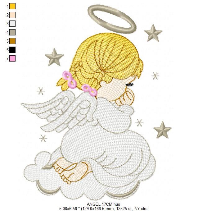 Girl Angel with wings halo and cloud embroidery designs - Baby girl machine embroidery pattern - Angel embroidery - Instant download pes jef