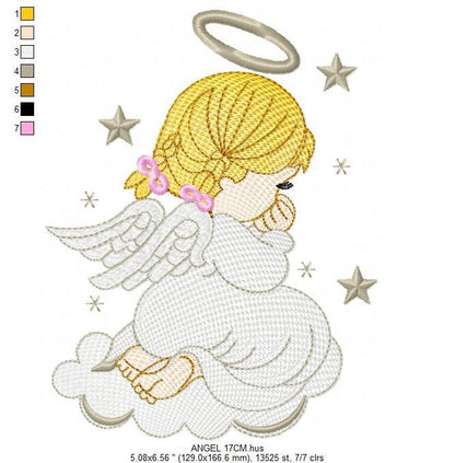 Girl Angel with wings halo and cloud embroidery designs - Baby girl machine embroidery pattern - Angel embroidery - Instant download pes jef