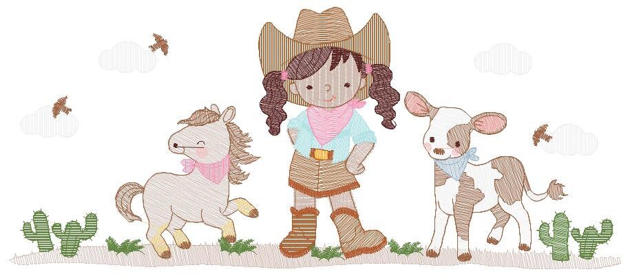 Cowgirl embroidery designs - Farm Cowboy with horse and cow machine embroidery pattern - Baby girl file - Instant digital download pes jef