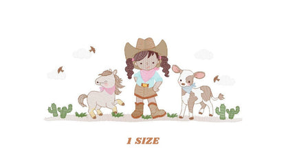Cowgirl embroidery designs - Farm Cowboy with horse and cow machine embroidery pattern - Baby girl file - Instant digital download pes jef