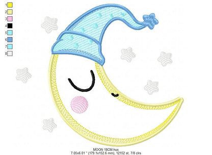 Sleeping moon embroidery design - half moon embroidery design machine embroidery pattern - baby boy embroidery file - kid embroidery sky