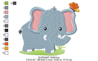 Elephant with Butterfly embroidery designs -  Safari Wild Animal machine embroidery pattern - Baby Boy file - Instant download pes jef dst