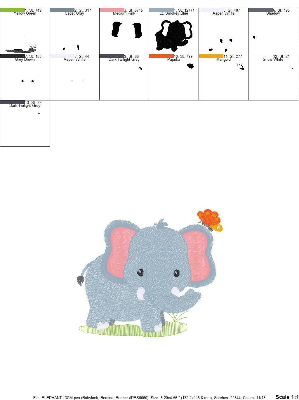Elephant with Butterfly embroidery designs -  Safari Wild Animal machine embroidery pattern - Baby Boy file - Instant download pes jef dst