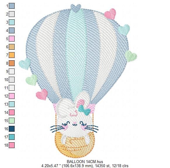 Balloon embroidery designs - Hot air balloon embroidery design machine embroidery pattern - Balloon with Bunny embroidery file pes download - Marcia Embroidery