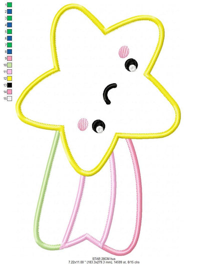 Shooting star embroidery designs - Falling Star Applique machine embroidery pattern - Baby girl file - Instant digital download pes jef dst