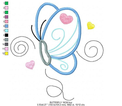 Butterfly with hearts embroidery design - Butterfly applique machine embroidery pattern - Baby girl file - Instant digital  download pes jef