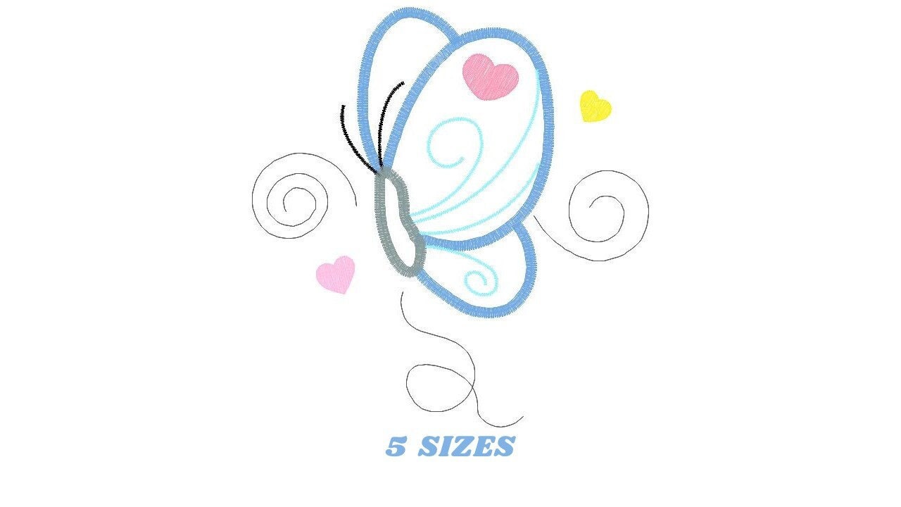 Butterfly with hearts embroidery design - Butterfly applique machine embroidery pattern - Baby girl file - Instant digital  download pes jef