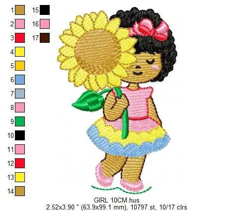 Girl embroidery designs - Sunflower girl embroidery design machine embroidery pattern - Curly hair girl with flower embroidery download pes Marcia Embroidery