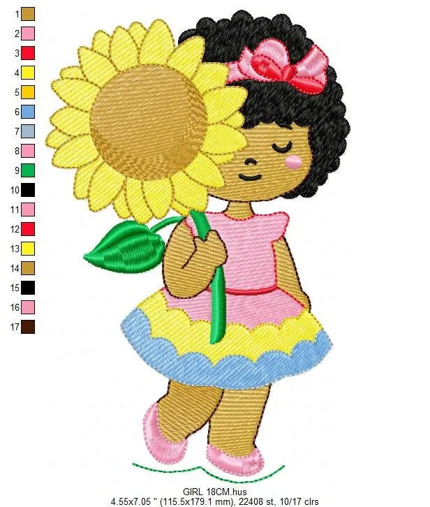 Girl embroidery designs - Sunflower girl embroidery design machine embroidery pattern - Curly hair girl with flower embroidery download pes Marcia Embroidery