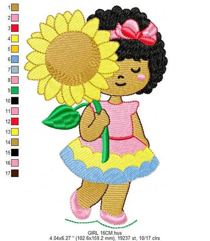 Girl embroidery designs - Sunflower girl embroidery design machine embroidery pattern - Curly hair girl with flower embroidery download pes Marcia Embroidery