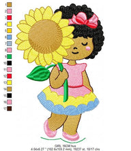 Charger l&#39;image dans la galerie, Girl embroidery designs - Sunflower girl embroidery design machine embroidery pattern - Curly hair girl with flower embroidery download pes
