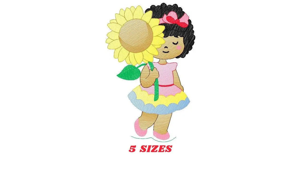 Girl embroidery designs - Sunflower girl embroidery design machine embroidery pattern - Curly hair girl with flower embroidery download pes Marcia Embroidery