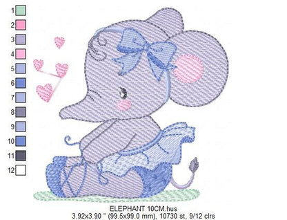 Ballerina Elephant embroidery designs - Elephant with tutu and bow machine embroidery pattern - Baby girl file - Instant download pes jef - Marcia Embroidery
