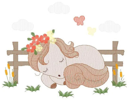 Delicate Sleeping horse embroidery design - Baby Girl embroidery designs machine embroidery pattern - Ranch Animals embroidery download Marcia Embroidery
