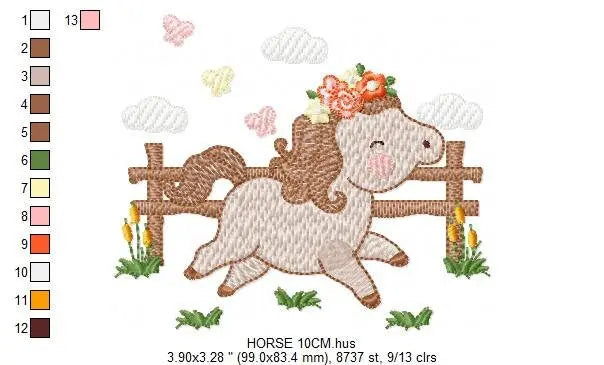 Horse with fence and flowers embroidery design - Female Pony Farm machine embroidery pattern - Baby girl file - Instant digital download pes Marcia Embroidery