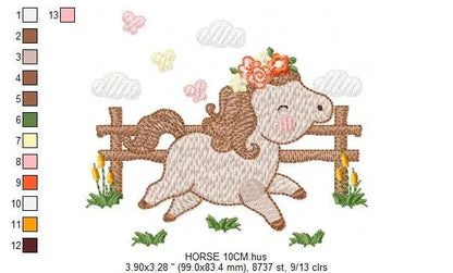 Horse with fence and flowers embroidery design - Female Pony Farm machine embroidery pattern - Baby girl file - Instant digital download pes Marcia Embroidery