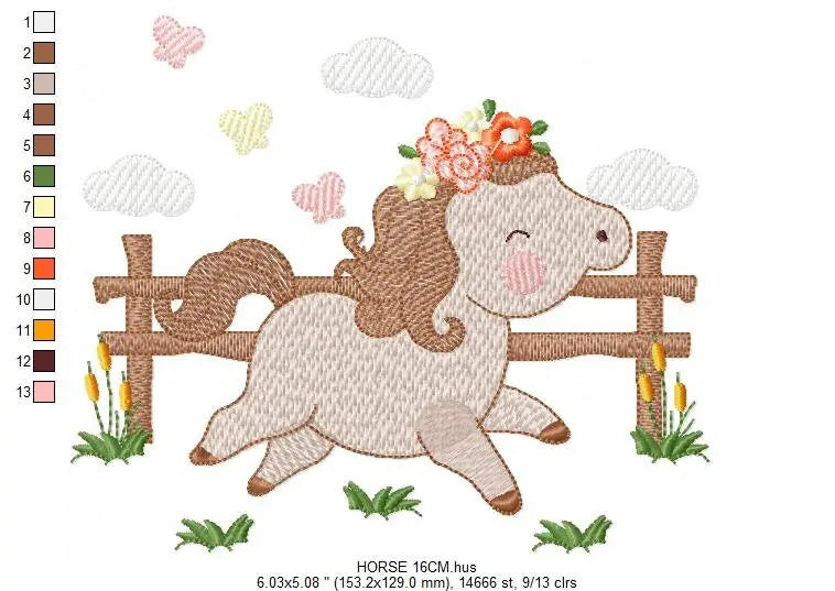 Horse with fence and flowers embroidery design - Female Pony Farm machine embroidery pattern - Baby girl file - Instant digital download pes Marcia Embroidery