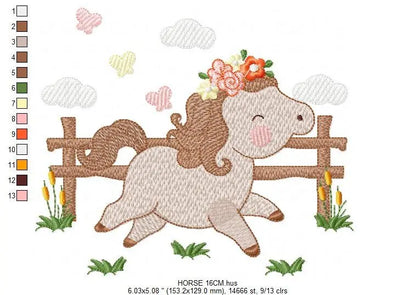 Horse with fence and flowers embroidery design - Female Pony Farm machine embroidery pattern - Baby girl file - Instant digital download pes Marcia Embroidery