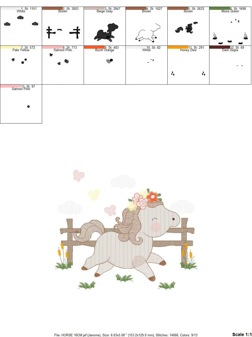 Horse with fence and flowers embroidery design - Female Pony Farm machine embroidery pattern - Baby girl file - Instant digital download pes Marcia Embroidery