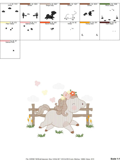Horse with fence and flowers embroidery design - Female Pony Farm machine embroidery pattern - Baby girl file - Instant digital download pes Marcia Embroidery
