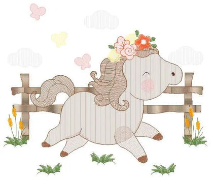 Horse with fence and flowers embroidery design - Female Pony Farm machine embroidery pattern - Baby girl file - Instant digital download pes Marcia Embroidery