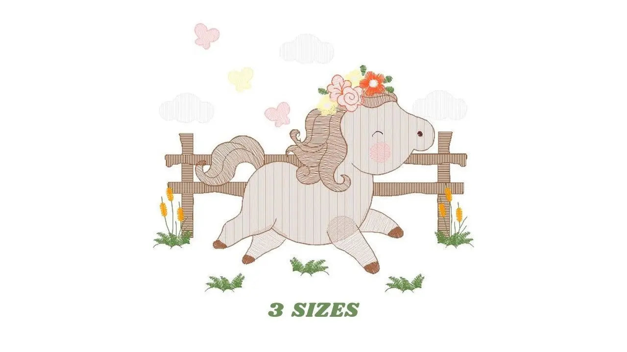 Horse with fence and flowers embroidery design - Female Pony Farm machine embroidery pattern - Baby girl file - Instant digital download pes Marcia Embroidery