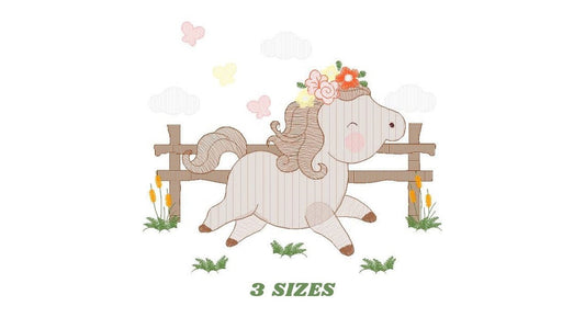 Horse with fence and flowers embroidery design - Female Pony Farm machine embroidery pattern - Baby girl file - Instant digital download pes