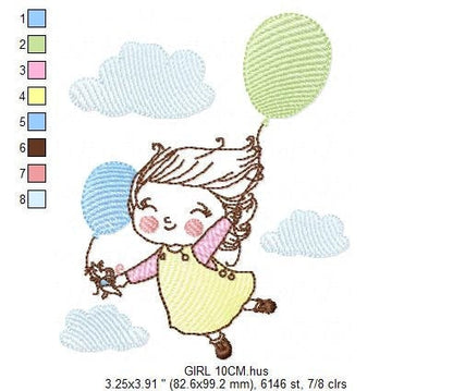 Girl with balloons embroidery designs - Toddler embroidery design machine embroidery pattern - sky clouds girl flying - instant download pes Marcia Embroidery