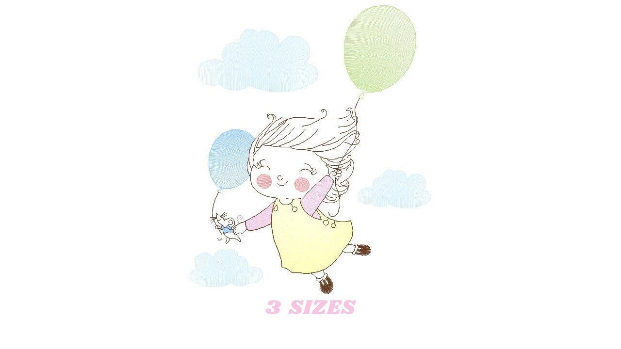 Girl with balloons embroidery designs - Toddler embroidery design machine embroidery pattern - sky clouds girl flying - instant download pes Marcia Embroidery