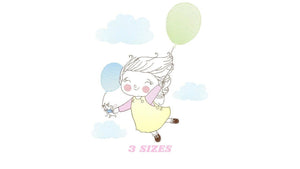 Girl with balloons embroidery designs - Toddler embroidery design machine embroidery pattern - sky clouds girl flying - instant download pes