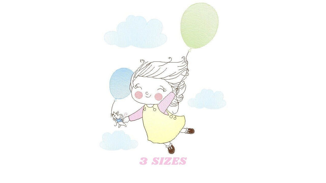 Girl with balloons embroidery designs - Toddler embroidery design machine embroidery pattern - sky clouds girl flying - instant download pes