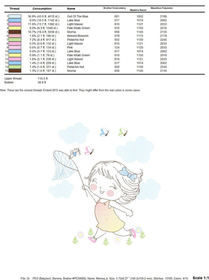 Baby girl embroidery designs - Children embroidery design machine embroidery pattern - girl with butterflies embroidery digital download