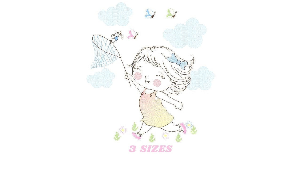 Baby girl embroidery designs - Children embroidery design machine embroidery pattern - girl with butterflies embroidery digital download