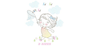 Baby girl embroidery designs - Children embroidery design machine embroidery pattern - girl with butterflies embroidery digital download