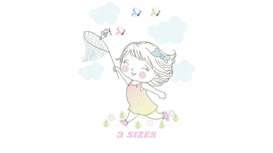 Baby girl embroidery designs - Children embroidery design machine embroidery pattern - girl with butterflies embroidery digital download