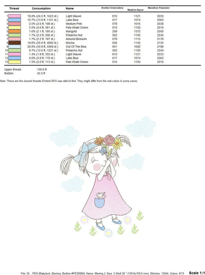 Girl embroidery designs - Flower girl embroidery design machine embroidery pattern - Girl with flowers embroidery file butterfly embroidery Marcia Embroidery