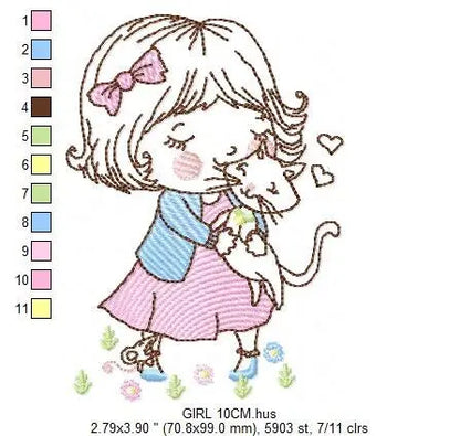 Girl with cat embroidery design - Baby girl embroidery design machine embroidery pattern - kid embroidery file - instant download digital Marcia Embroidery