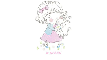 Girl with cat embroidery design - Baby girl embroidery design machine embroidery pattern - kid embroidery file - instant download digital Marcia Embroidery