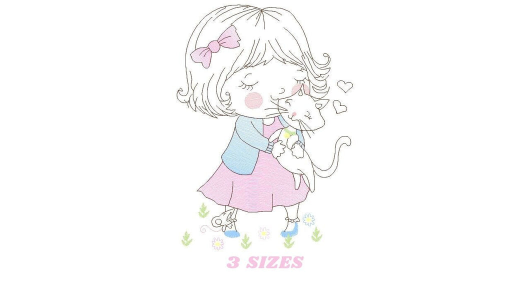 Girl with cat embroidery design - Baby girl embroidery design machine embroidery pattern - kid embroidery file - instant download digital