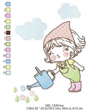 Charger l&#39;image dans la galerie, Gardener Girl embroidery designs - Garden watering can embroidery design machine embroidery pattern - Girl with plants - Instant download
