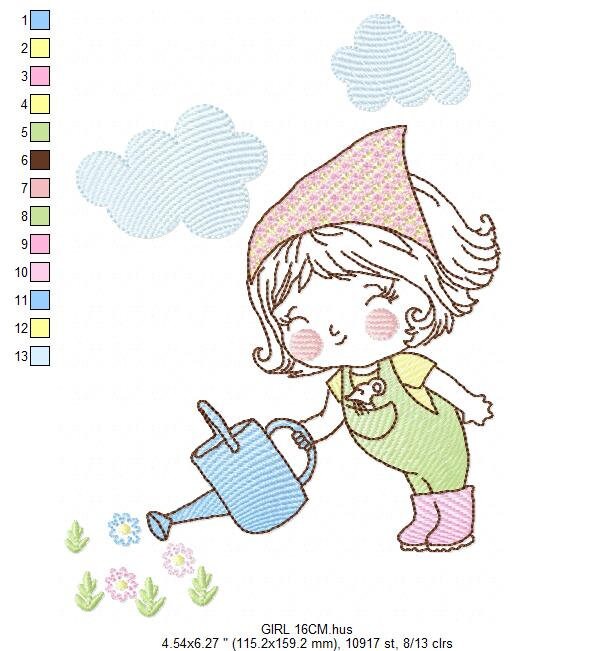Gardener Girl embroidery designs - Garden watering can embroidery design machine embroidery pattern - Girl with plants - Instant download Marcia Embroidery
