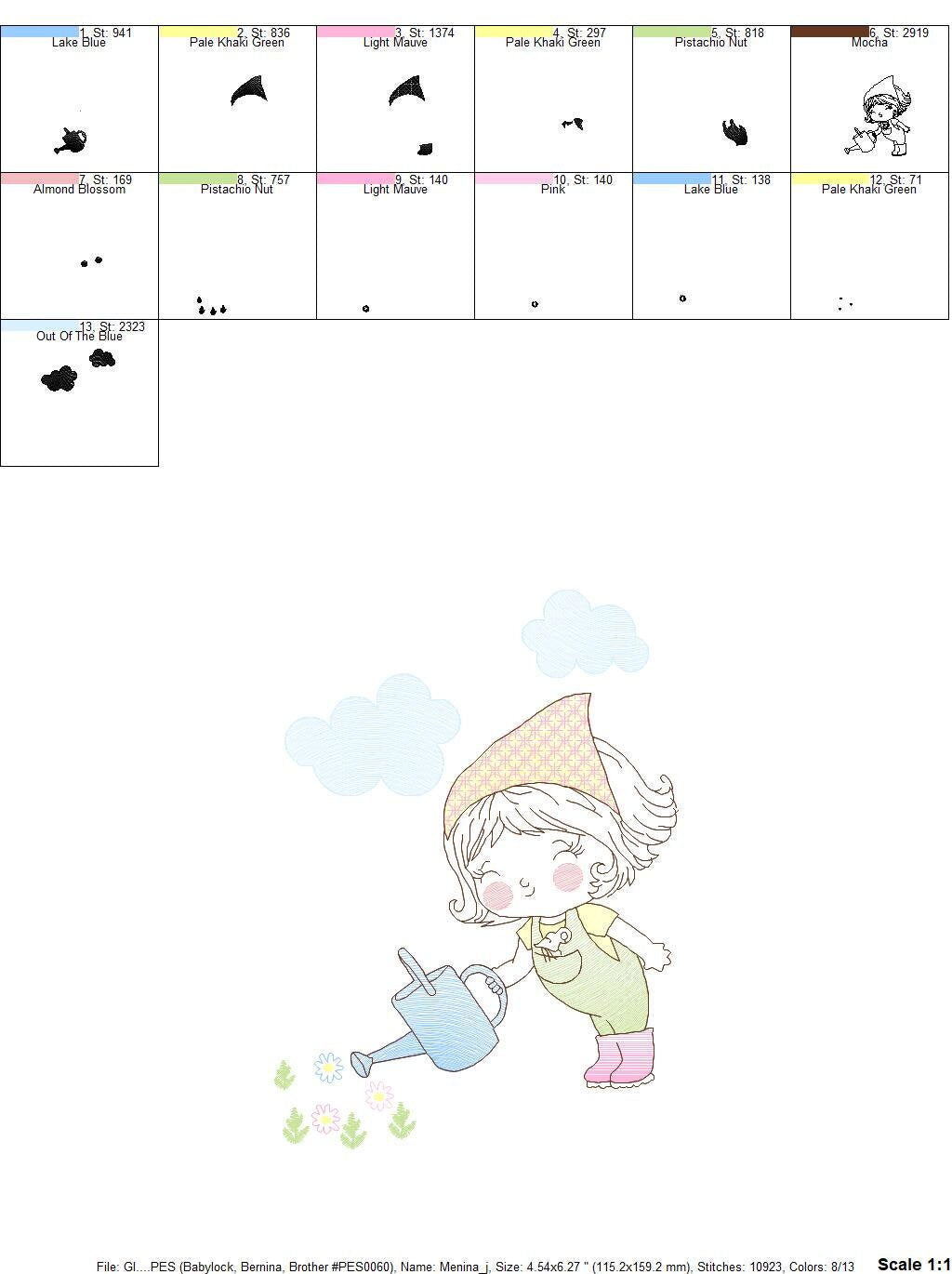 Gardener Girl embroidery designs - Garden watering can embroidery design machine embroidery pattern - Girl with plants - Instant download Marcia Embroidery