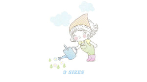 Gardener Girl embroidery designs - Garden watering can embroidery design machine embroidery pattern - Girl with plants - Instant download