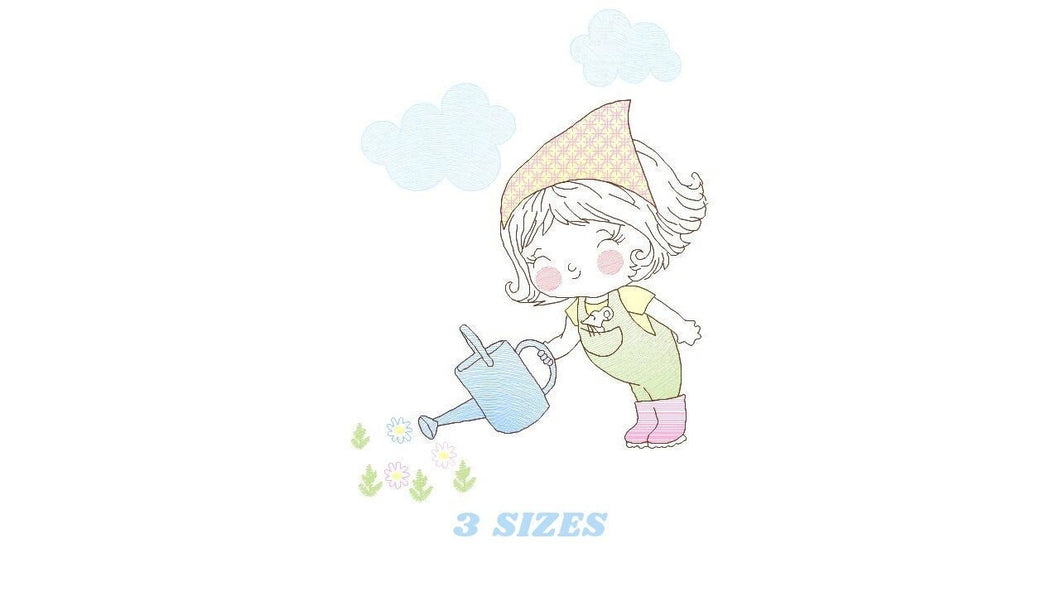 Gardener Girl embroidery designs - Garden watering can embroidery design machine embroidery pattern - Girl with plants - Instant download