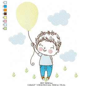 Balloon embroidery designs - Boy with balloons embroidery design machine embroidery pattern - Baby boy embroidery file filled design pes jef